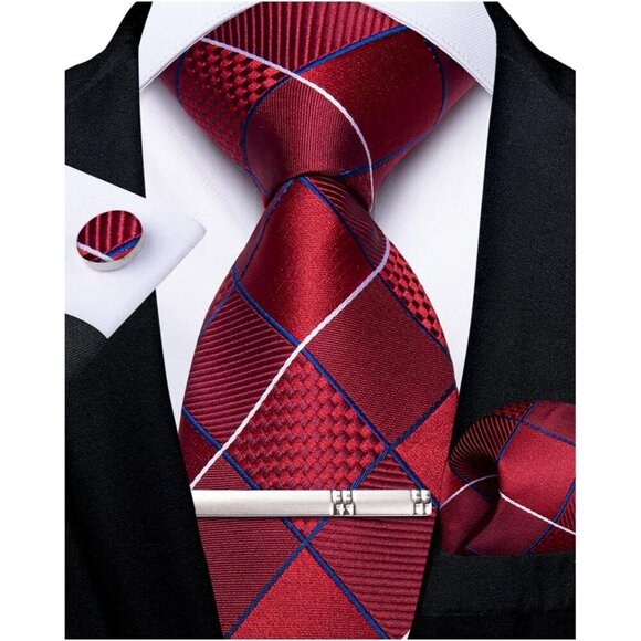 🆕Men Red Plaid Silk Checkered Necktie Pocket Square Cufflinks Tie Clip Set